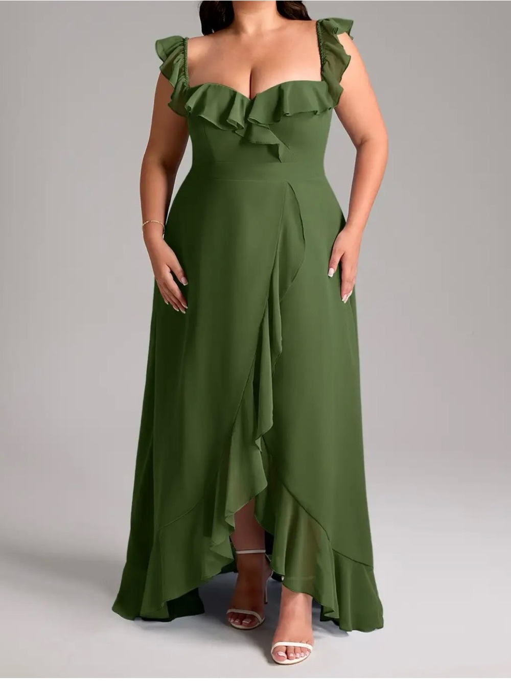 Azazie Olive Green Ruffle Maxi Dress